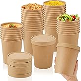 Sabary 100 Pack 32 oz Paper Soup Containers with Lids Food Cups with Vented Lids Microwavable and Freezer Kraft Hot Soup Bowl Food Storage Disposable Ice Cream Cups for Restaurant Party Supply, Brown