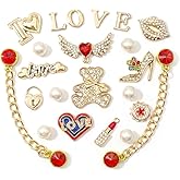 Eooberr 22Pcs Bling Rhinestones Pearls Shoe Charms with 2 Sparkling Shoe Chains, LOVE Queen Letter, Shoe Decorations Charms for Clog Sandals Women Girls Party DIY