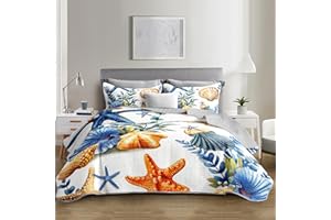 UEVBF Summer Beach Quilted Set Starfish Seashell Conch Bedding Sets Queen Size,Ocean Beach Themed Quilt for Kids Girls Boys Room Decor,Lightweight Coastal Quilts with 2 Pillowcases.