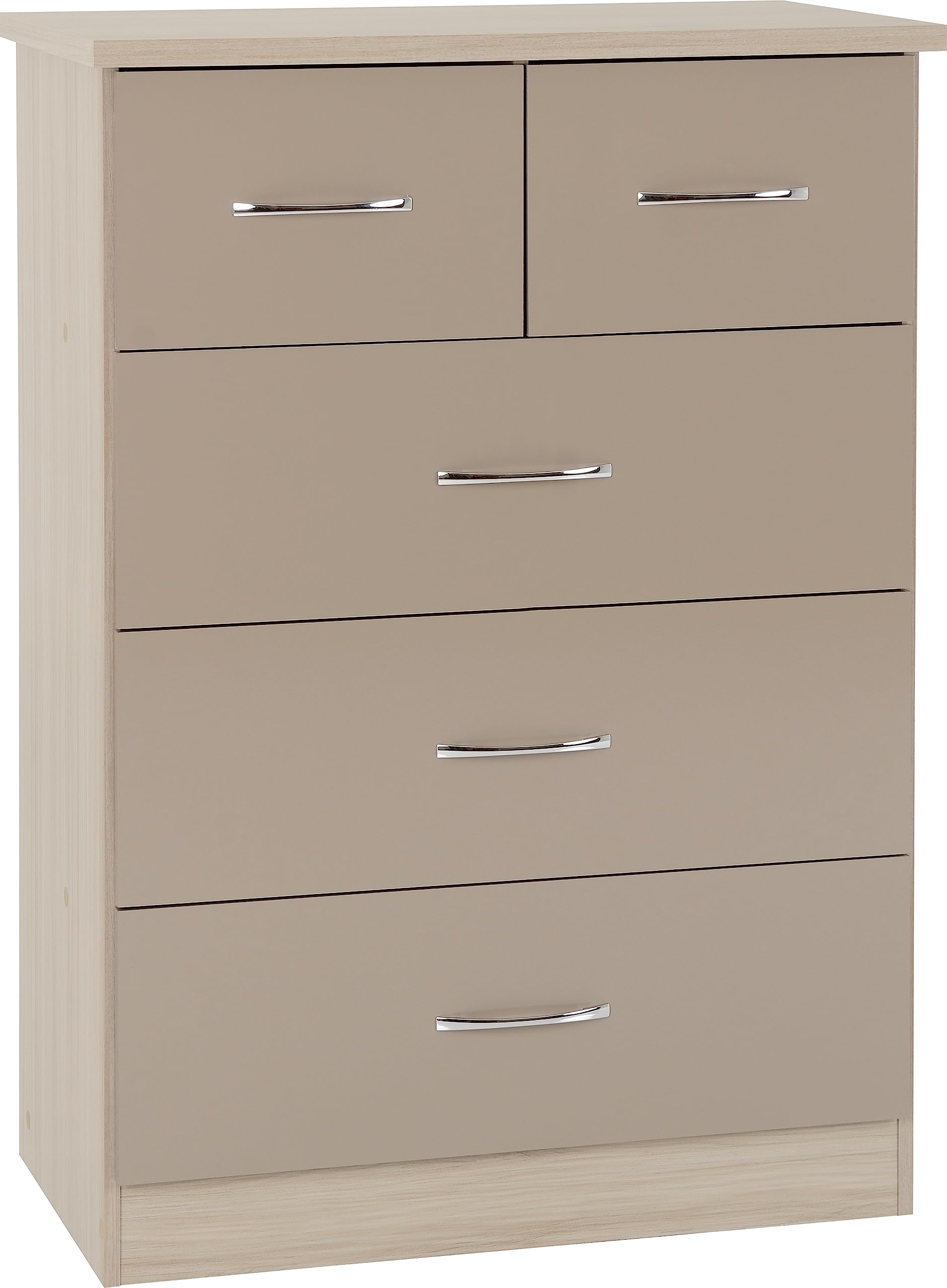 Seconique Nevada 3+2 Drawer Chest in Oyster Gloss/Light Oak Effect Veneer