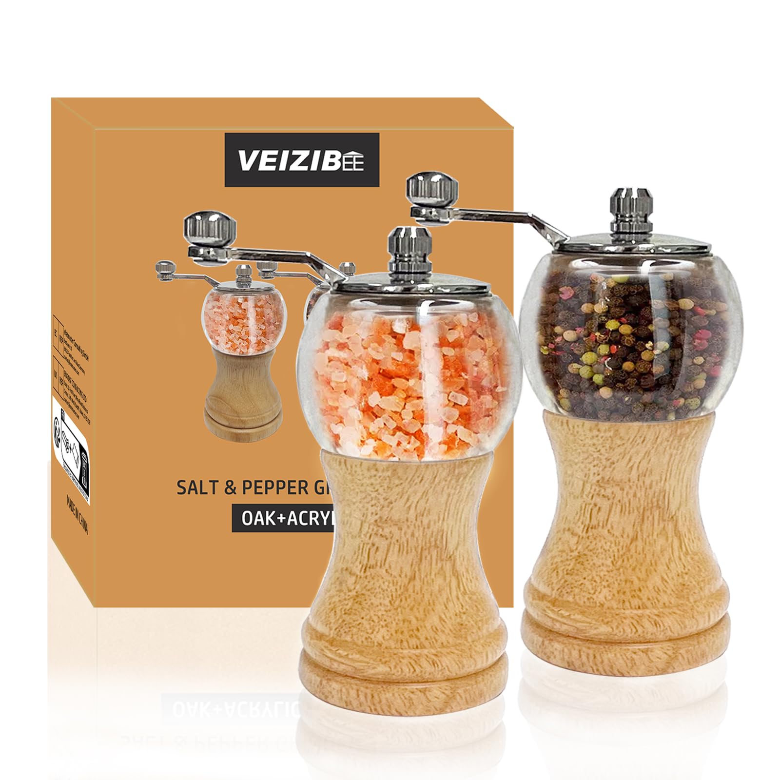 Salt and Pepper Mill Sets, Manual Pepper Grinder Salt Mill, Pepper & Salt Grinder Sets Wood Large, Spice Mill Adjustable Ceramic Grinder, Mill for Salt, Pepper, Spices (Wooden 2pcs-5in)