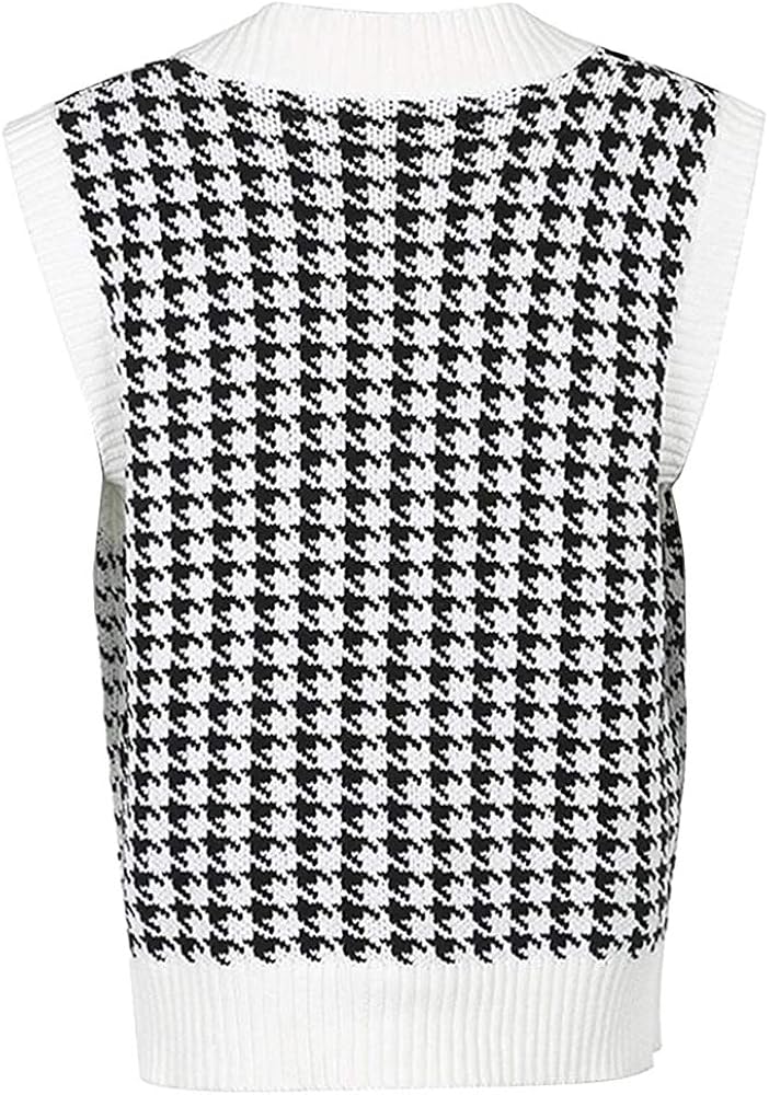Jlihang Women Houndstooth Knitted Sweater Vest V Neck Casual Loose Oversized Vintage Pullover Tops (White) at  Women’s Clothing store