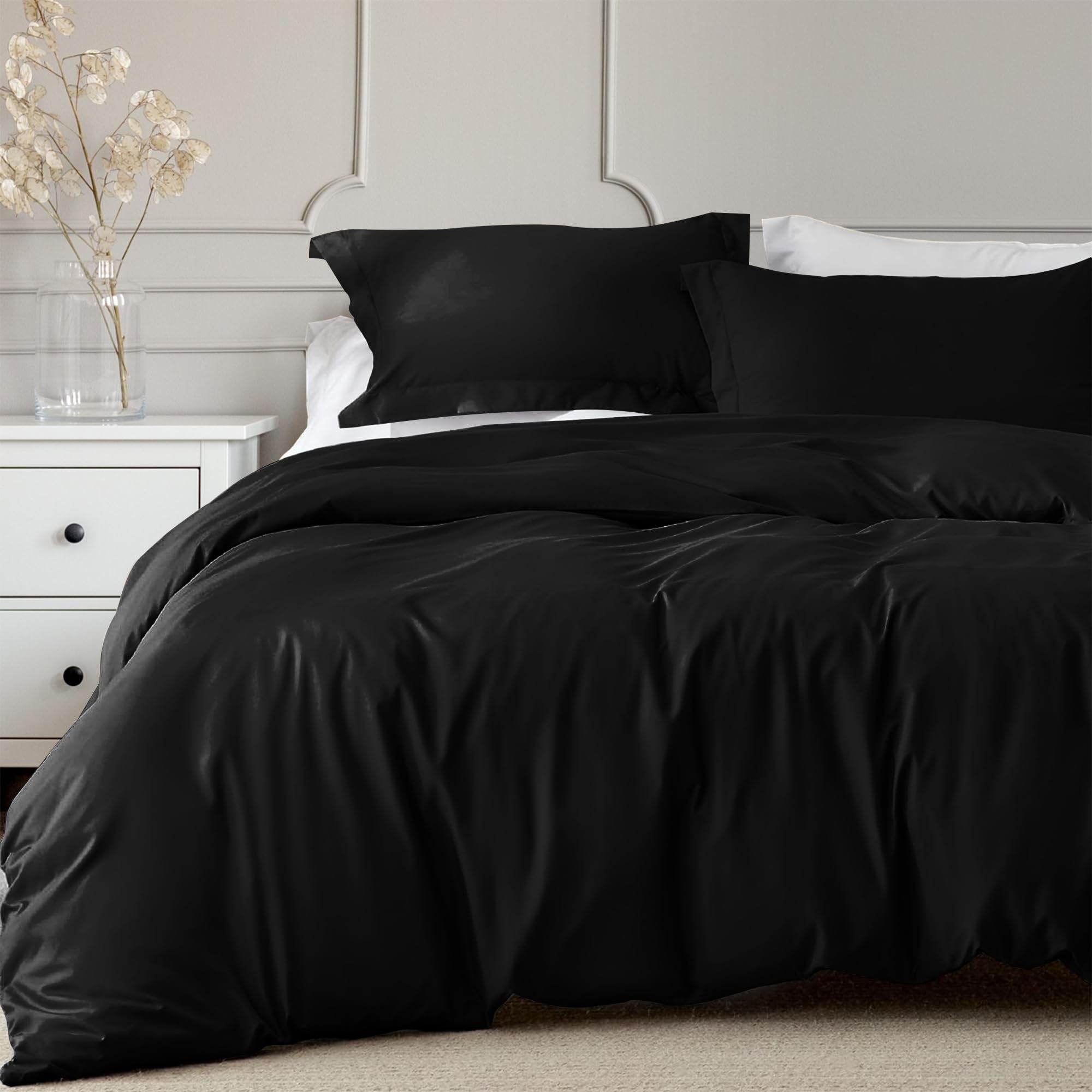 Linens World 200 Thread Count 100% Egyptian Cotton Duvet Quilt Cover Bedding Sets with Pillow cases (Black, Super King)