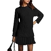 Ceputer Cable Knit Sweater Mini Dress for Women Crew Neck Long Sleeve Patchwork Pleated Fall Casual Knit Dresses