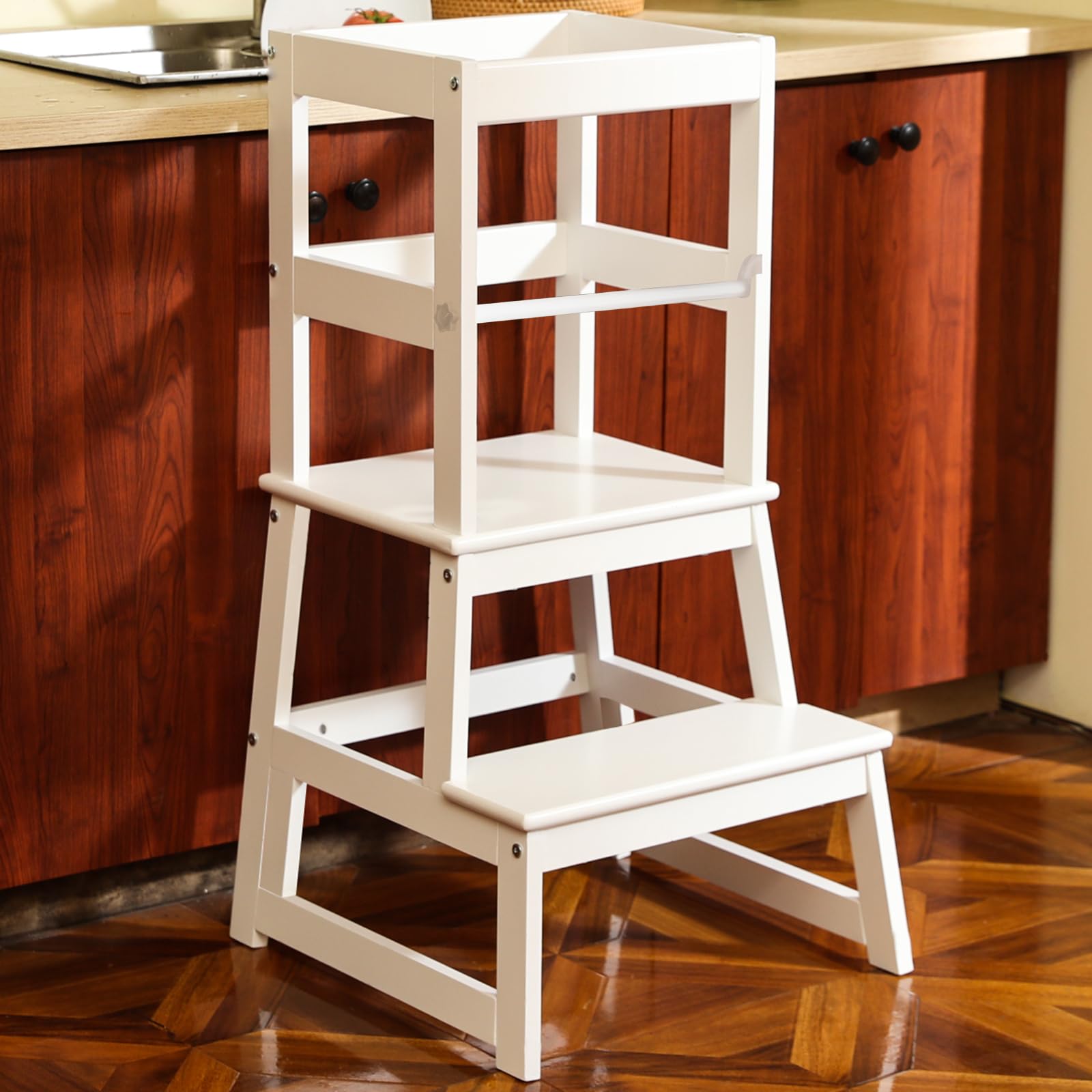 Photo 1 of Kids Kitchen Step Stool with Safety Rail,Wooden Toddler Standing Tower for Kitchen Counter, Kids Montessori Stool, Solid Wood Construction,White