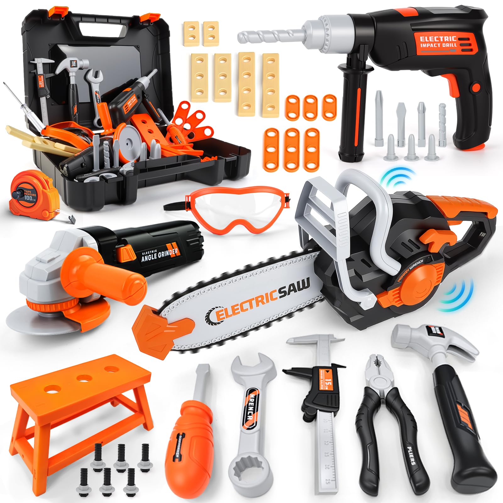 Charmofun Werkzeugkoffer Kinder, Werkzeug Set Kinder mit MotorsäGe & Elektrische Bohrmaschine & Winkelschleifer, Rollenspiel Spielzeug Ab 3 4 5 6 7 8 Jahre Jungen MäDchen (50 Pieces)