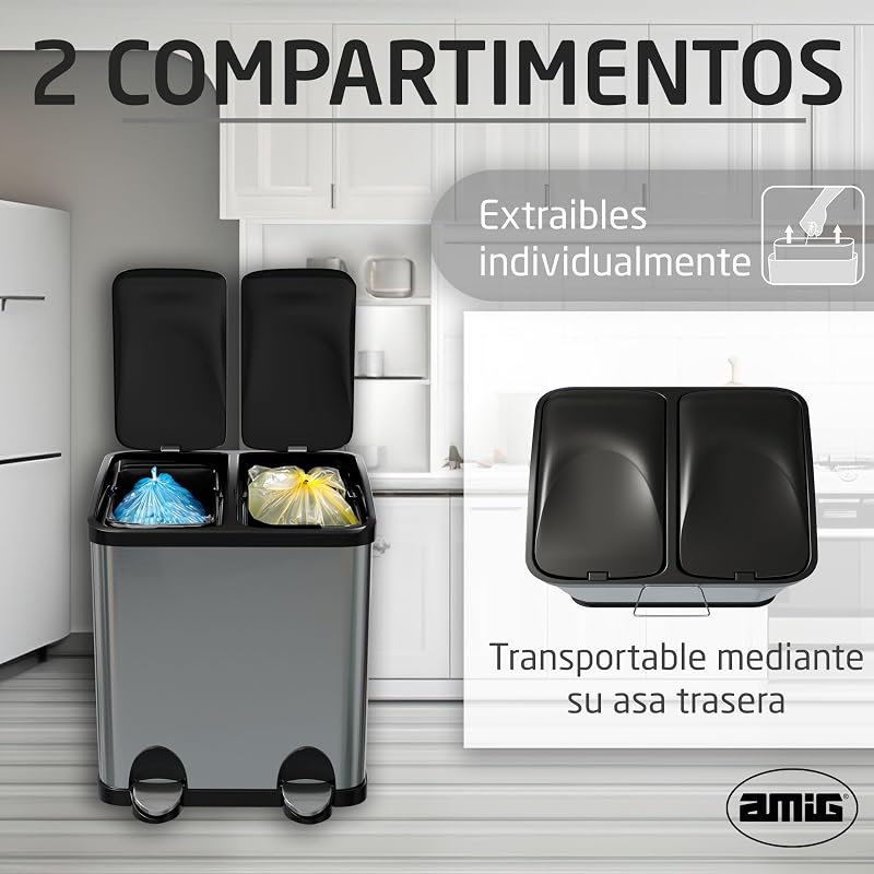 Amig - lixeira dupla com pedais | lixeira anti-impressão digital para cozinha | aço inoxidável | 2 compartimentos x 15 l | 48x32x40cm | prata