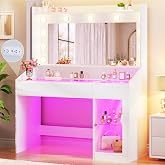 HUAHUU Vanity Desk with Mirror &amp; RGB Lights, White Makeup Vanity Table with 2 Transparent Top Large Drawers &amp; RGB Cabinet, Vanity Desk with LED Lighted Mirror 3 Colors, Power Outlets, Flip-up Drawer