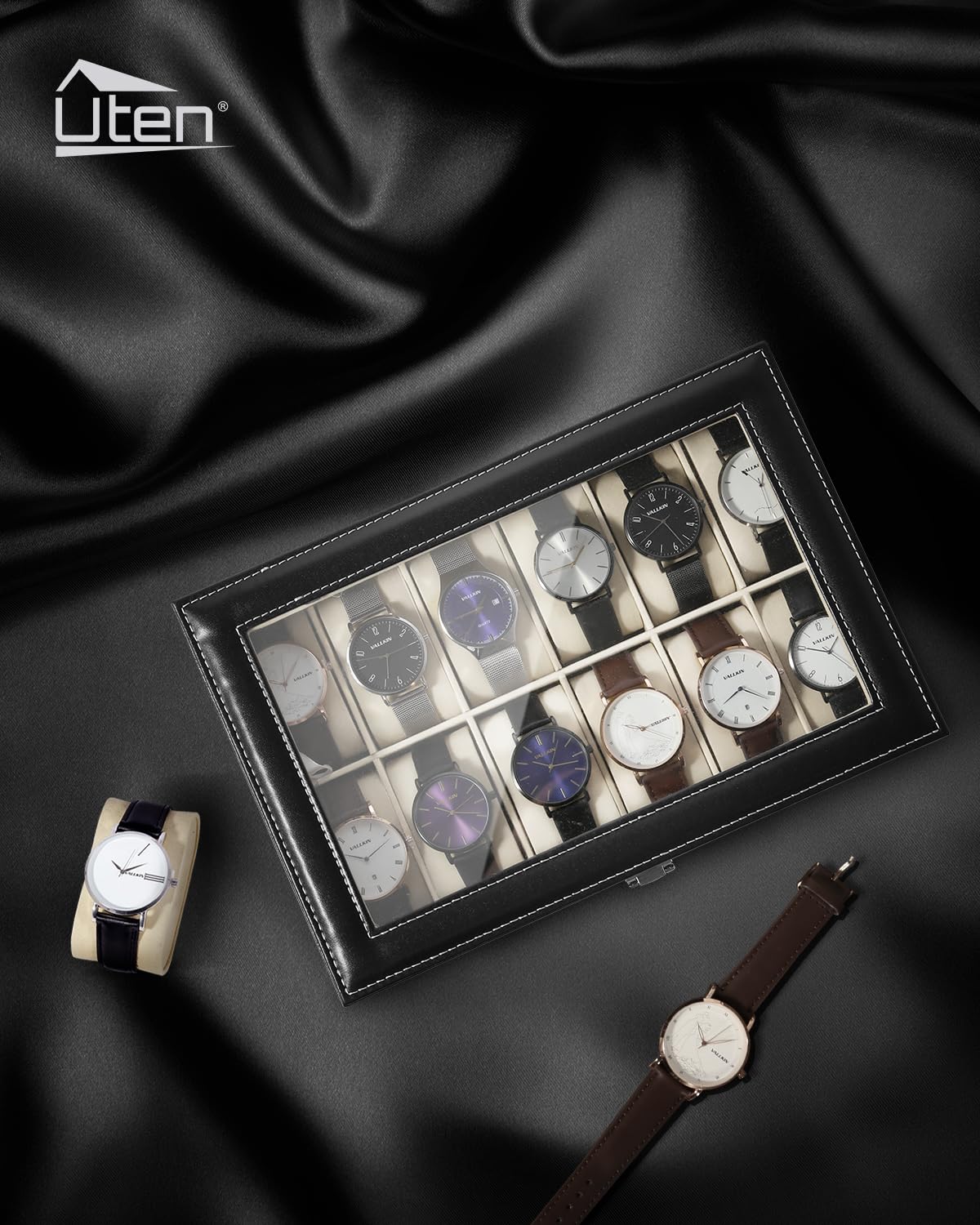 Uten Watch Organizer - 12 Slot PU Case with Glass Lid, Valentine's Day Gift, Watch Display Box with Removable Pillow, Metal Clasp