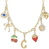 Initial Charm Necklace for Women, Evil Eye Four-Leaf Clover Sun Bow Cherry Strawberry Removable Charms Necklace Paper Clip Chain Choker, Trendy Jewelry Birthday Christmas Gifts for Her (Letter C )