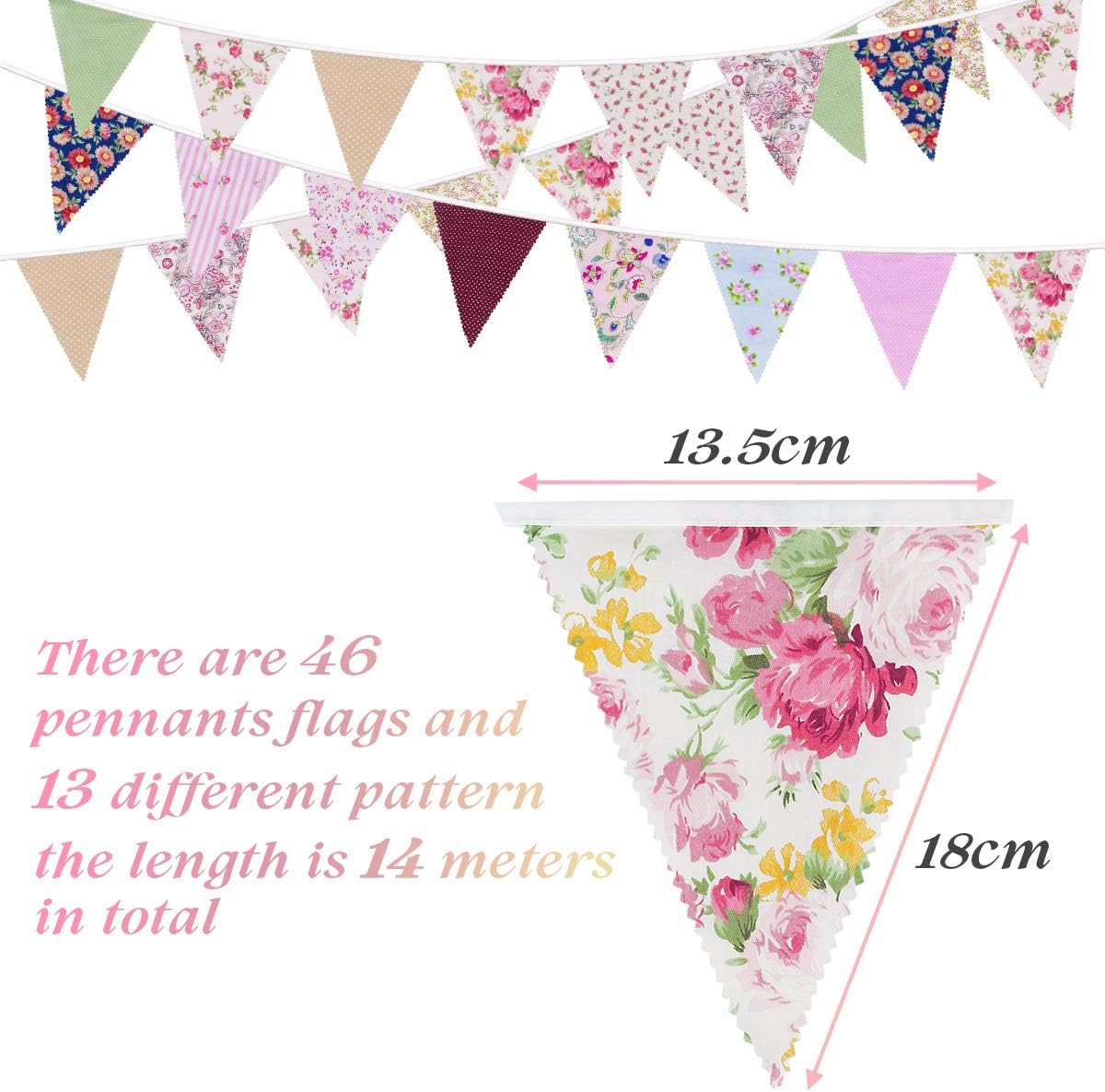 Alintor 45.9ft Bunting + Balloons, 46Pcs Floral Vintage Bunting, Reusable Bunting Flags for Birthday Party, Garden - Image 3