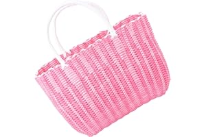 FIXOSHEE Portable Plastic Woven Storage Basket Lightweight Shopping Tote for Home Use Large Pink Handheld