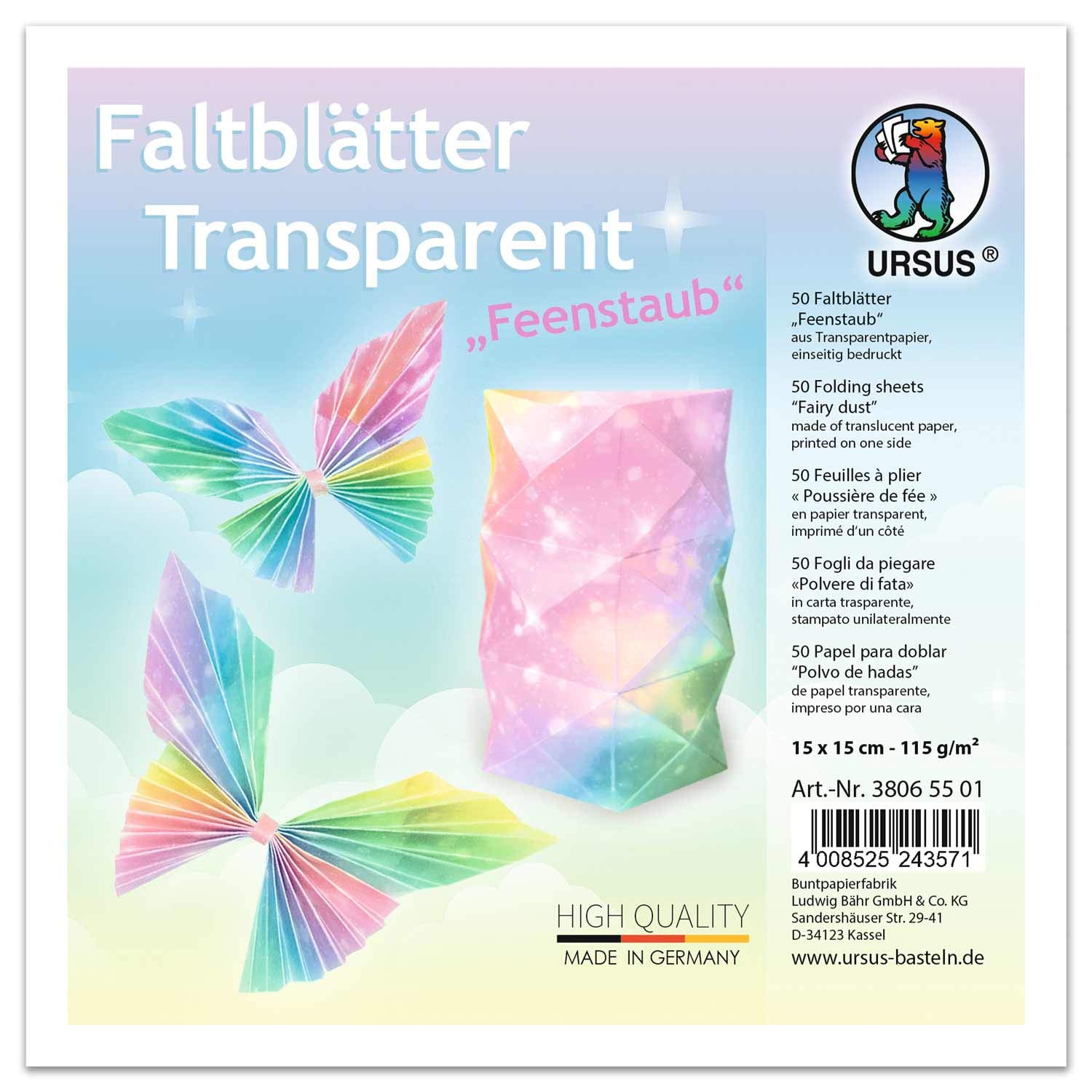 Ursus 38065501 Transparent Paper Folding Sheets Fairy Dust 50 Sheets Approx. 15 x 15 cm 115 g/m² Printed on One Side for Folding Window Pictures, Stars and Figures, Colourful