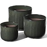 LE TAUCI Fluted Ceramic Pots for Plants, 8.3/7/6 Inch Indoor Planters with Drainage Holes & Mesh, Modern Glossy Glaze Cylinder Plant Pot for Snake Plant, Set of 3, Dark Olive