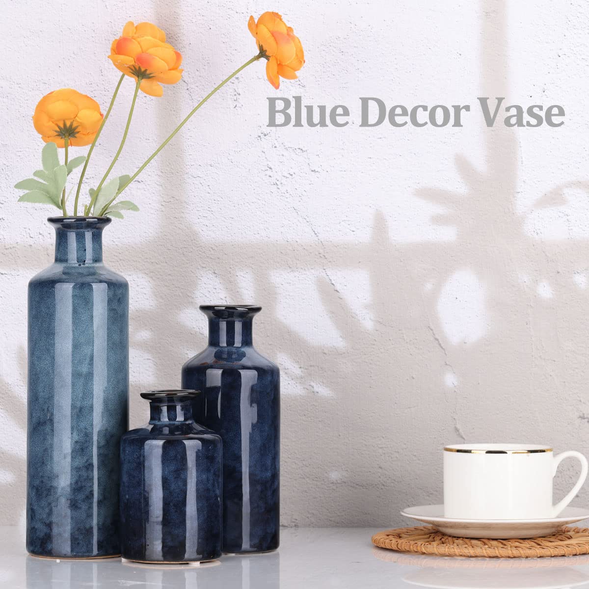 Blue Ceramic Vases Set - 3 Blue Small Vase, Farmhouse Country Blue Vases Home Decor, Living Room Decoration, Table Decoration, Fireplace Decor, and Entrance Decoration Centerpieces - Image 6