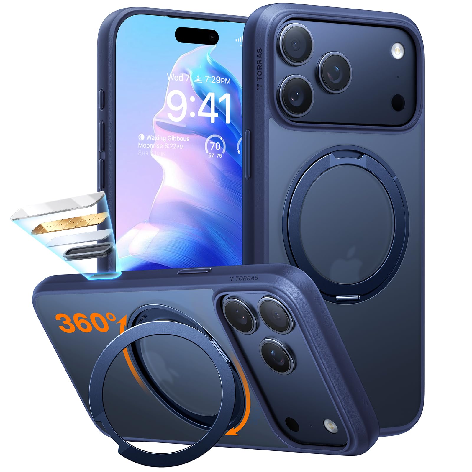 Photo 1 of TORRAS Upgraded 360 Rotatable Magnetic Stand for iPhone 17 Pro Max Case, Fit for MagSafe with Ring, Mil-Grade Protection, Camera Control, Translucent Slim for iPhone 17 ProMax Case Ostand, Deep Blue