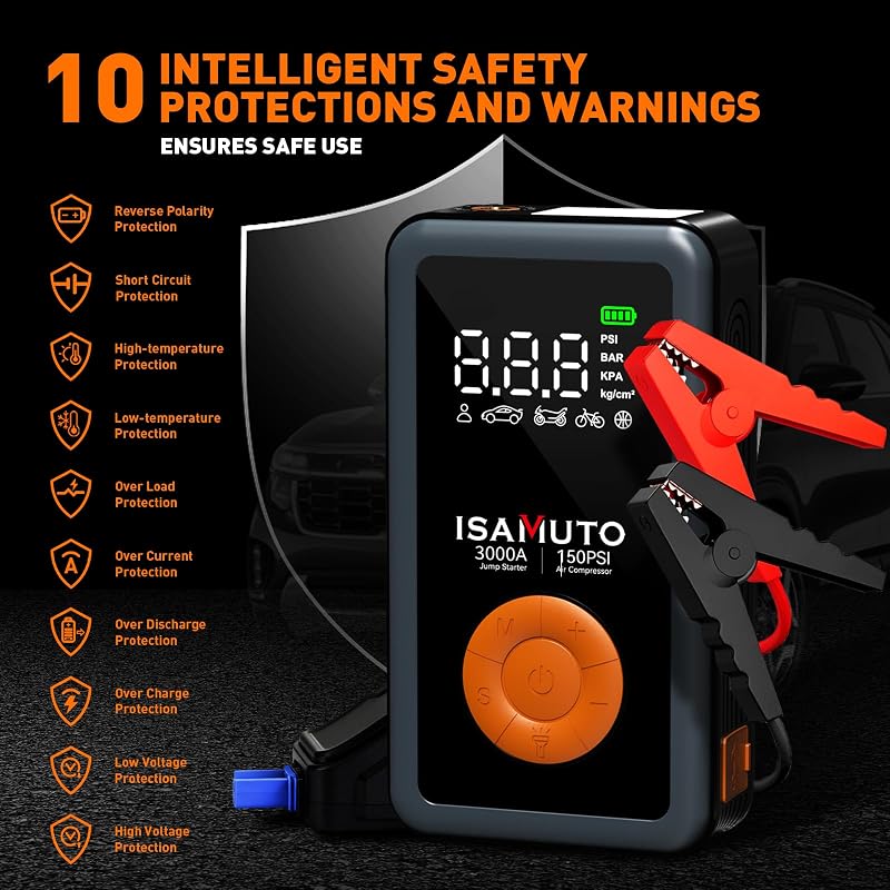 Motor de arranque 3000A com compressor de ar de 150 PSI, reforço de bateria de 12V para motores a gasolina de 7.0L e diesel de 6.0L, insuflador portátil com ecrã LCD e luz LED