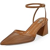 QIY Closed Toe Heels for Women Ankle Strap Pointed Toe Slingback Chunky Low Heels Womens Pumps Wedding Dress Shoes