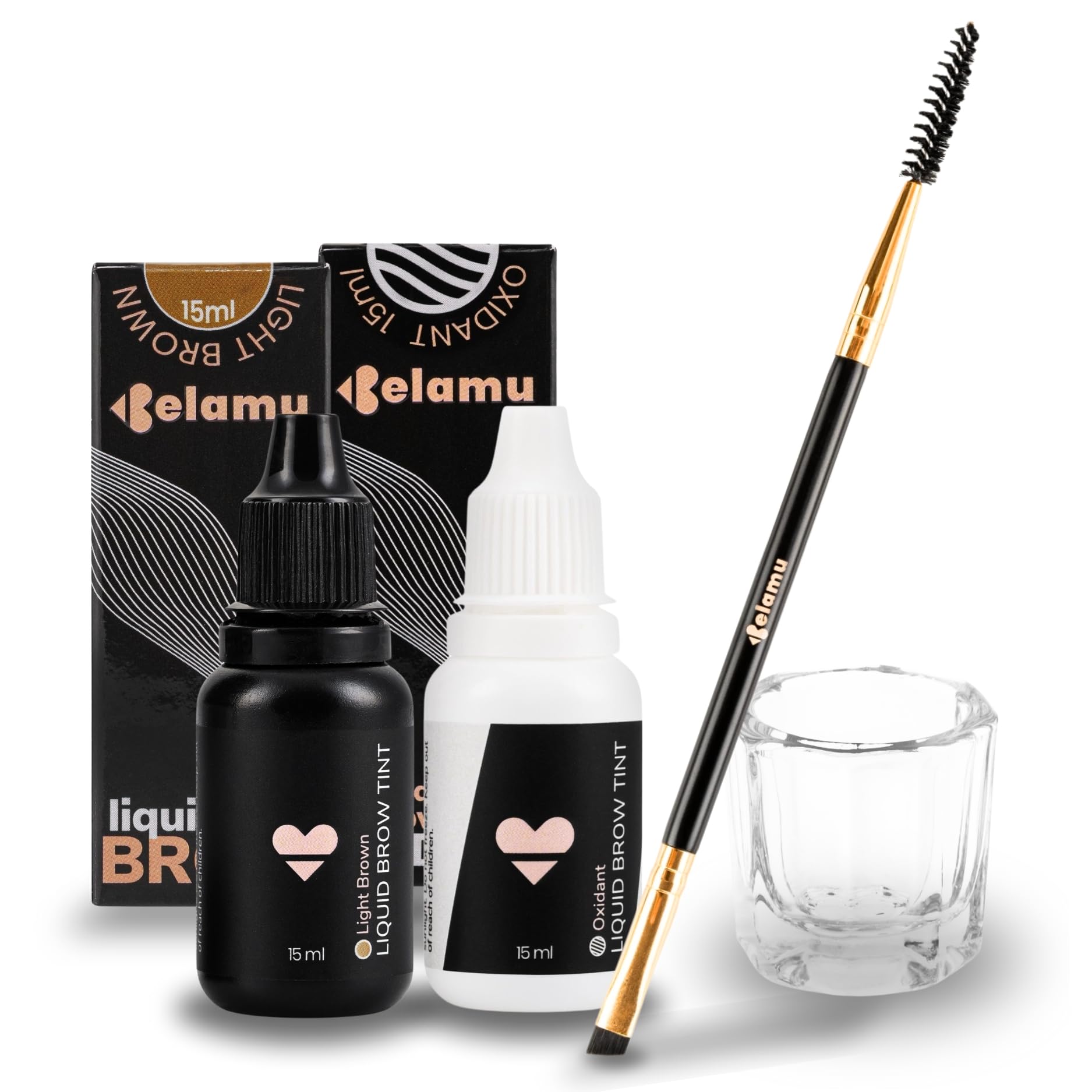 Belamu Brow Liquid Tint Kit - Hot Novelty Professional Hybrid Eyebrow Dye Set - Super Long Lasting - Up to 6 Weeks - Tint Color, Oxidant, Quality Dual-Ended Brush, Glass Dish, LIGHT BROWN TINT KIT