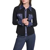 Karl Lagerfeld Women's Long Sleeve Denim-Detail Collared Button-Down Blouse