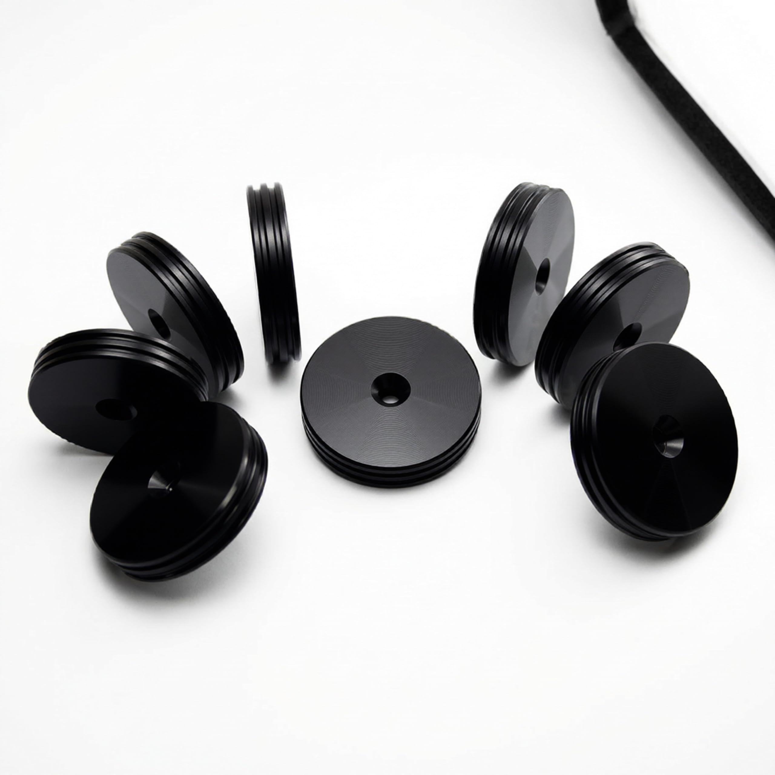 PrecisionGeek® Slim Speaker Spike Pads – Isolation Pads with Decorative Grooved Edge for HiFi Speakers, Subwoofers & Speaker Stands (Ø20 mm – Black Aluminium – Pack of 8)