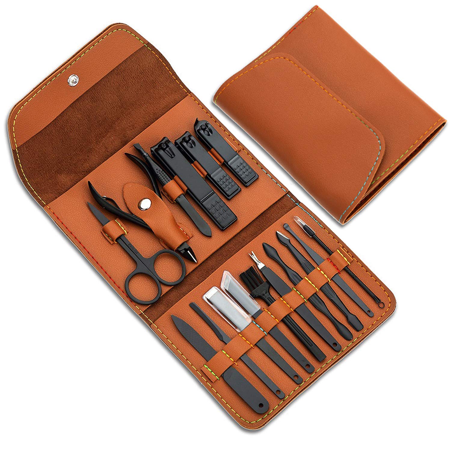 Gifts for Men/Women, Stainless Steel Manicure Set with PU leather case, Personal care tool (brown) : Beauty