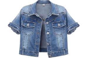 Omoone Women's Summer Short Sleeve Crop Denim Trucker Jacket Jean Coat Tops