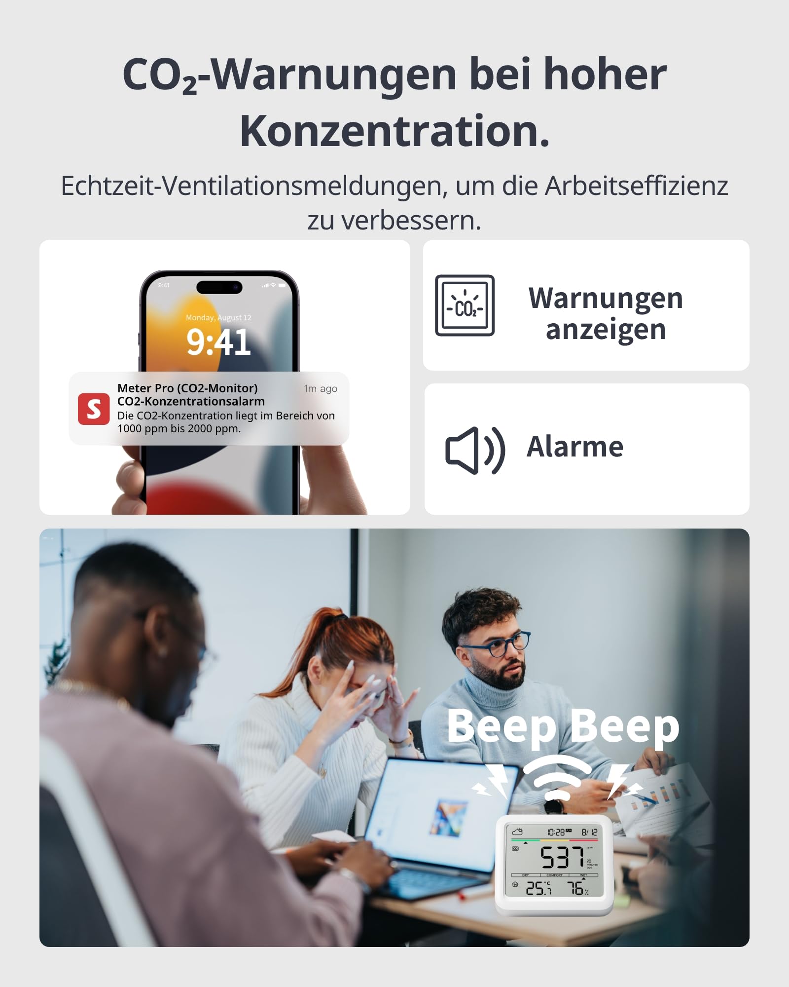SwitchBot CO2-Melder, CO2 Messgerät mit Thermometer Hygrometer Innen, Luftqualität Messgerät mit CO2-Alarm, Bluetooth CO2 Sensor mit APP, 2 Jahre Datenspeicher, Hub erforderlich 5