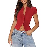 Pungdra Women's Button Down Shirt Cap Sleeve Tops for Women Button Up Ribbed Knit Slim Fit Casual Y2K Crop Going Out Top