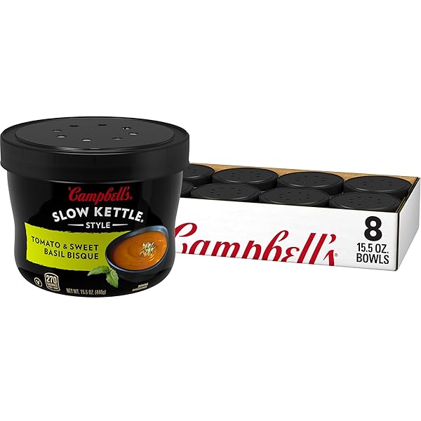 CAMPBELL’S SLOW KETTLE STYLE TOMATO & SWEET BASIL BISQUE, 15.5 OZ MICROWAVABLE BOWL (PACK OF 8)