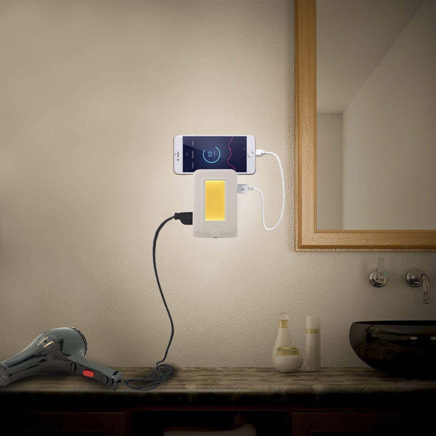 DEYIOU Wall Mount Outlet with Dusk to Dawn Night Light, 2 USB Ports & 4 AC Outlets Charging Station, Power Socket Extender with Phone Holder