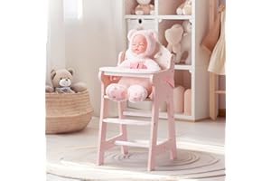 ROBUD Baby Doll High Chair, Pretend Play High Chair with Seat Belt, Pink Wooden Baby Doll Accessories with Movable Tabletop, Fits 18-20 Inch Dolls
