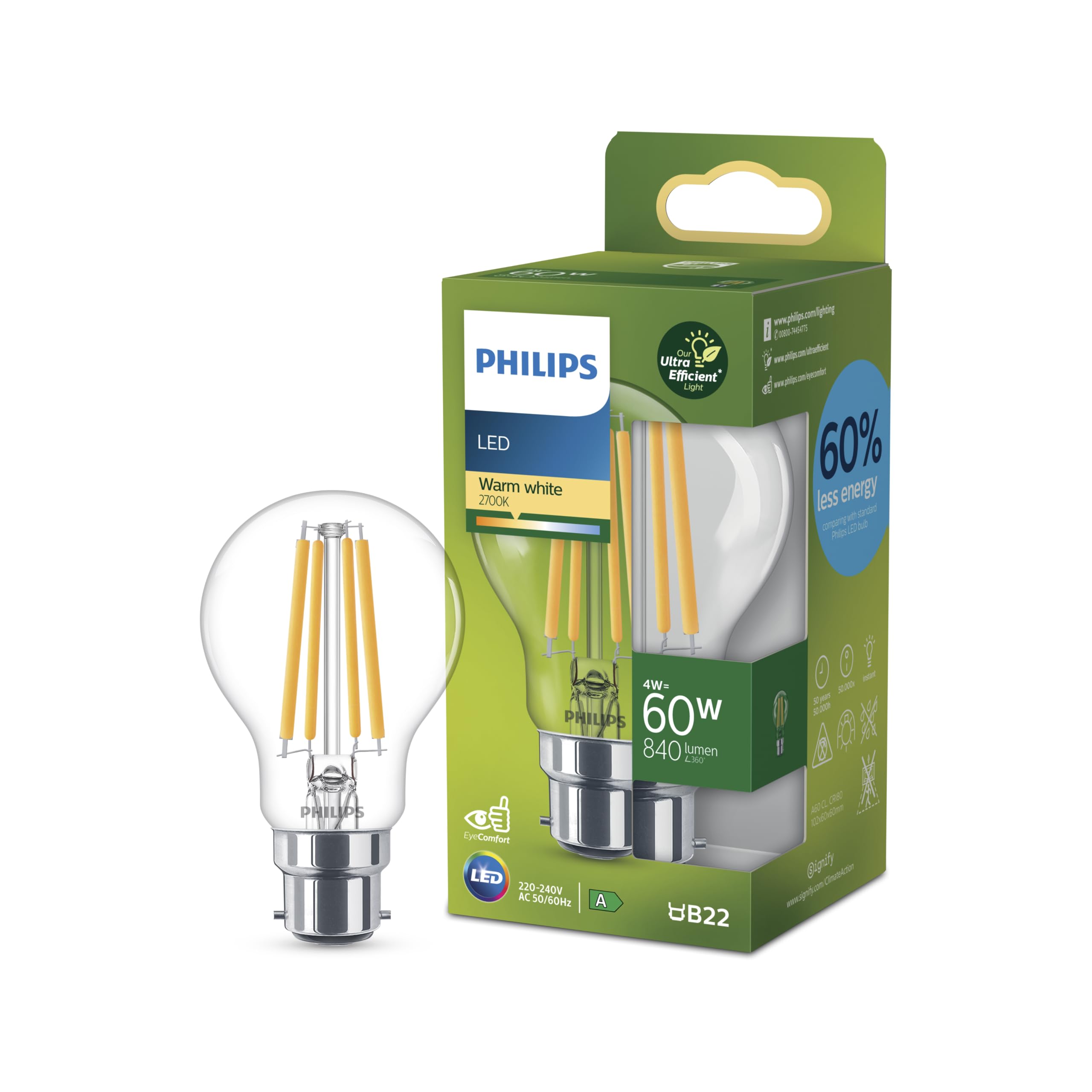 Philips Ultra Efficient - Ultra energy saving lights, LED light source, 60W, A60, B22 Warm White 2700 kelvin, clear
