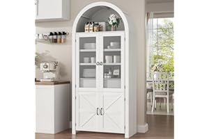 XAWXAW 71" Tall Arched Kitchen Pantry Cabinet, Tall Storage Cabinet with Tempered Glass Doors and Adjustable Shelves, Versatile Pantry Cabinets for Kitchen Storage, Dining Room, Living Room, Bathroom, White