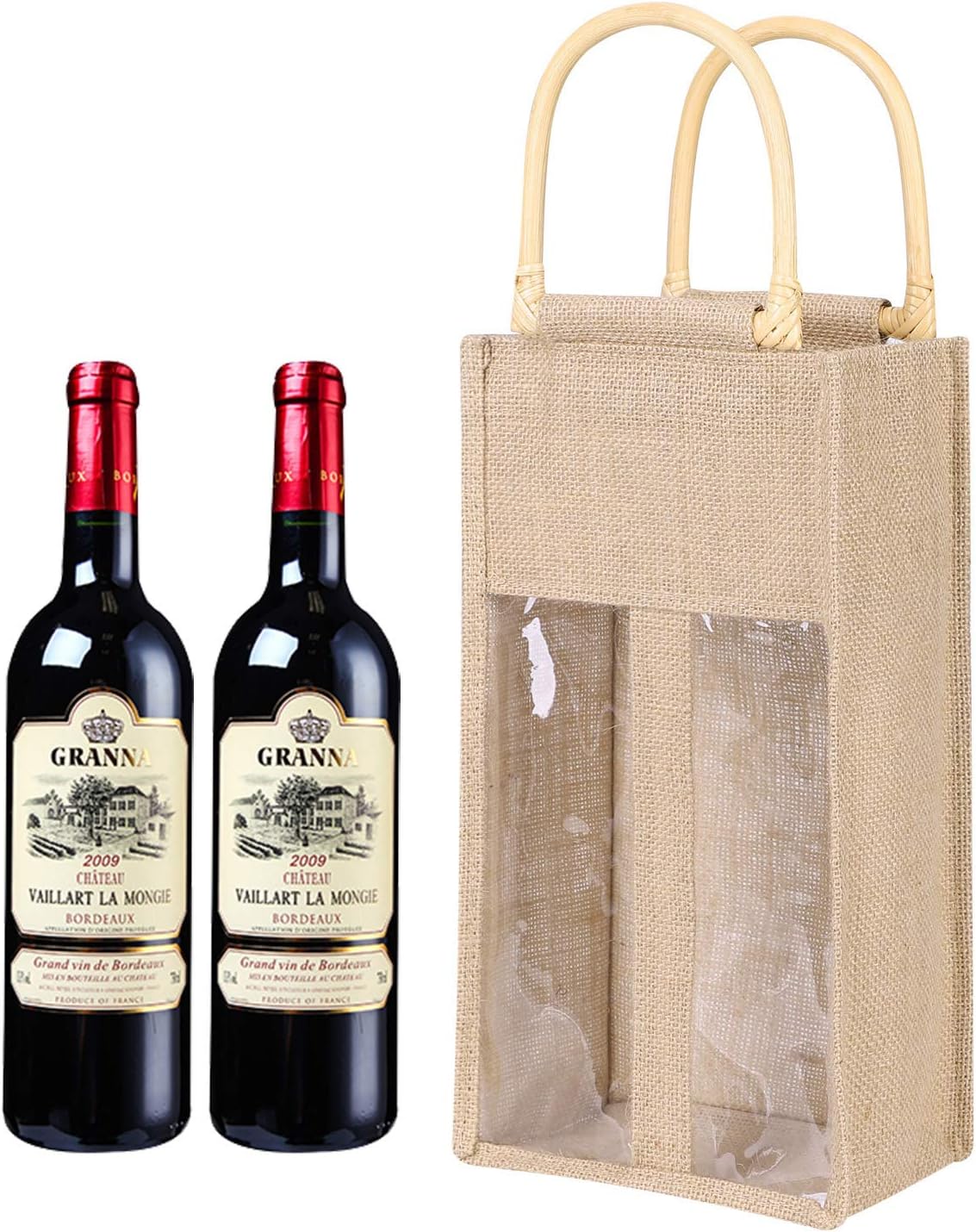 Qchomee Wine Bottle Carrier Bags, Rattan Handles Natural Linen Double/Single Bottle Bags For Champagne/Wine Present