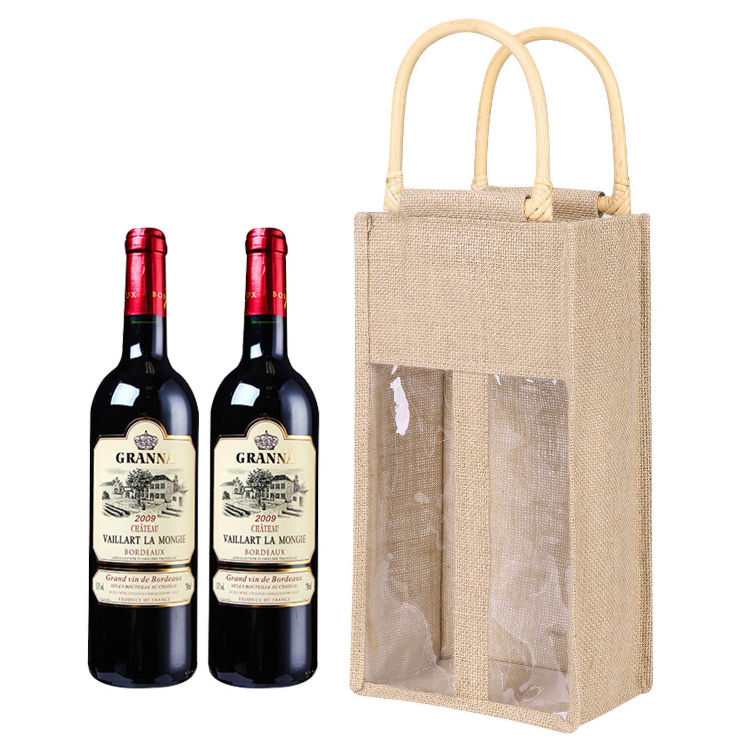 Qchomee Wine Bottle Carrier Bags - Rattan Handles Natural Linen Double/Single Bottle Bags For Champagne/Wine Present, Wedding/Birthday/Christmas Party Favors