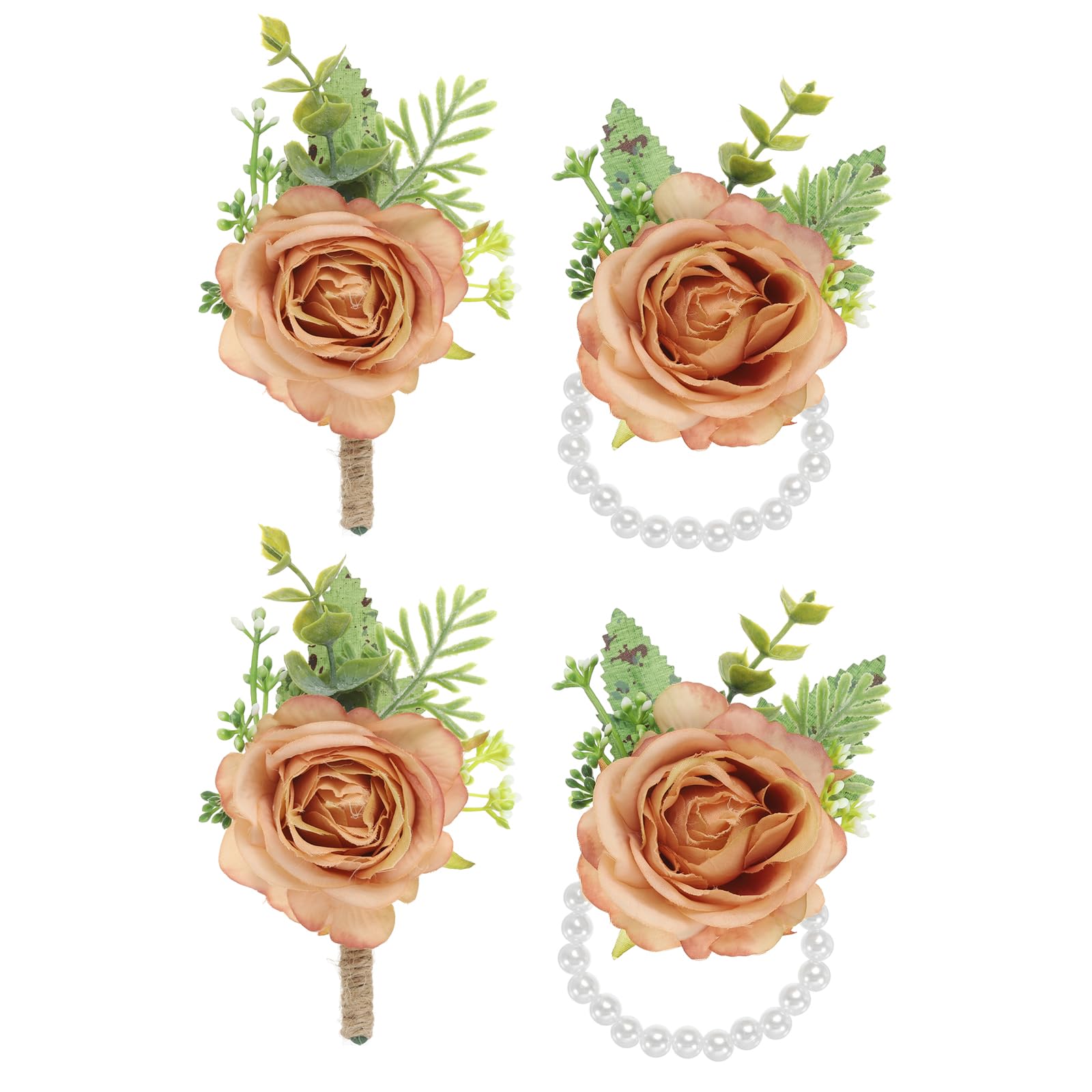 PATIKIL Rose Wrist Corsage and Boutonnieres Set, 4 Pcs Wedding Flower Wristlet Band Bracelet Hand Flowers Tether Accessories for Men Women Bachelor Party Prom Homecoming, Coffee