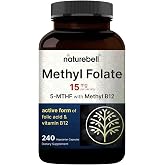 NatureBell Methyl Folate 15mg, 240 Capsules | 5-MTHF with Methyl B12, 15mg L-Methylfolate &amp; 1,000mcg Vitamin B12, Energy &amp; Mood Support Supplement*, Gluten-Free &amp; Non-GMO