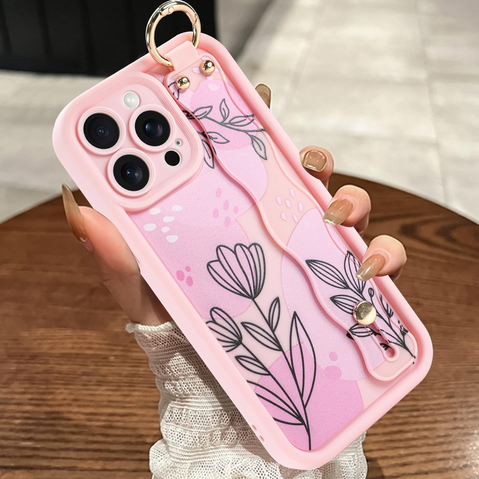 MOWIME Compatible with iPhone 13 Pro Max Case with Wrist Strap, [Upgraded] Adjustable Wristband Kickstand Case for Women Girls, Floral Flower Shockproof Silicone Protective Cover 6.7 Inch, Pink