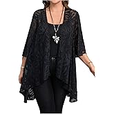 OYOANGLE Women's Plus Size Lace Sheer Open Front Cardigan Lightweight 3/4 Sleeve Ruffle Kimono Outerwear