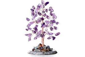 YATOJUZI Amethyst Healing Crystal Tree of Life Natural Gemstone Agate Slice Base Copper Wire Wrapped Money Trees Feng Shui Reiki Spiritual Energy Decorations Home Office Room Desk Decor Gifts for Women Men