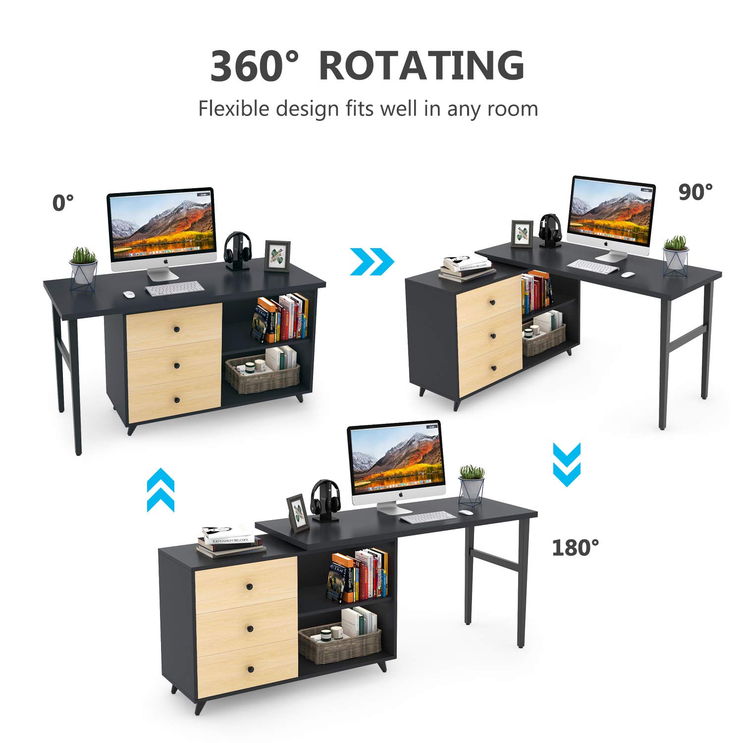 Tribesigns Rotating L Shaped Computer Desk, 55” Corner Desk With 3Drawers And Storage Shelves