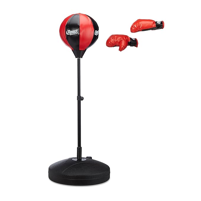 Relaxdays Box Set Kinder, Punchingball, höhenverstellbar bis 118 cm, Boxhandschuhe, Pumpe, Leder, Metall, schwarz-rot