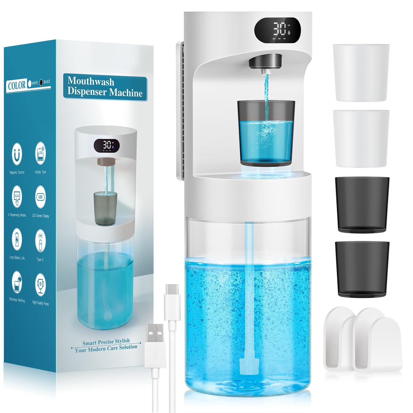 Automatic Mouthwash Dispenser for Bathroom,20.29 oz Touchless Electric Mouth Wash Dispensers Bathroom Accessories Set with 4 Magnetic Cups,4 Modes Wall Mounted Mouth Wash Dispenser for Home & Kids