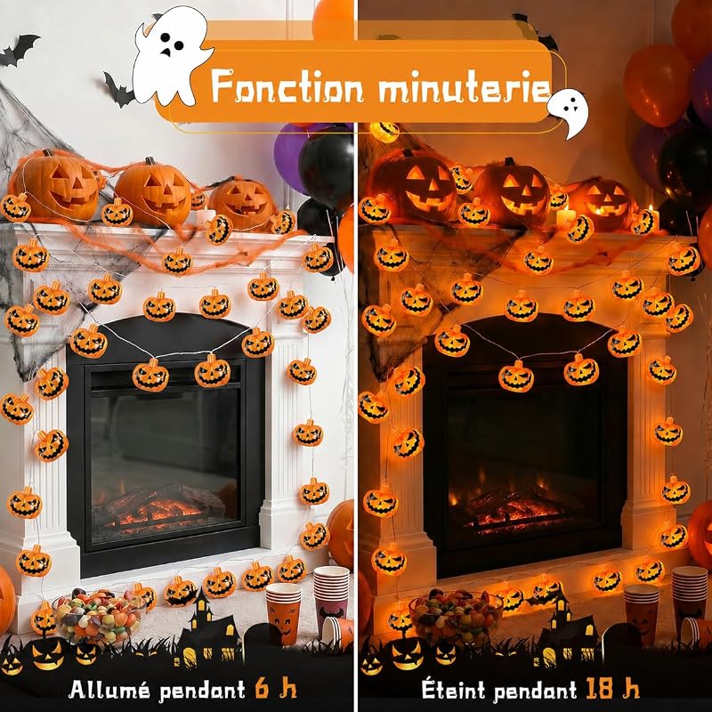 Guirlande lumineuse d'Halloween - 3 m - 20 LED - Avec minuterie de 6 h - Étanche IP65 - Pour décoration d'Halloween, fêtes à thème zombie