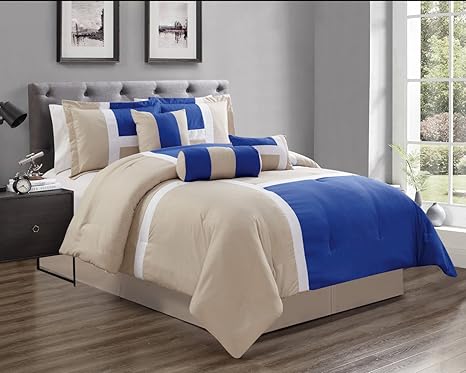 7 Piece Oversize Royal Blue Grey Color Block Emma Comforter Set 94