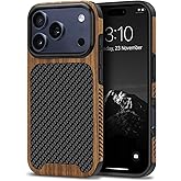 TENDLIN Compatible with iPhone 17 Pro Case Wood Grain with Carbon Fiber Texture Design Leather Hybrid Slim Case (Black)