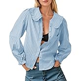 Tankaneo Womens Peter Pan Collar Shirts Puff Long Sleeve Button Down Cotton Blouse Casual Fall Textured Tops