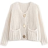 Yimoon Women's Cropped Cardigan Sweaters Button Down Long Sleeve Chunky Knit Cardigan Fall Open Front Sweater Coat with Pocket(Beige-L)