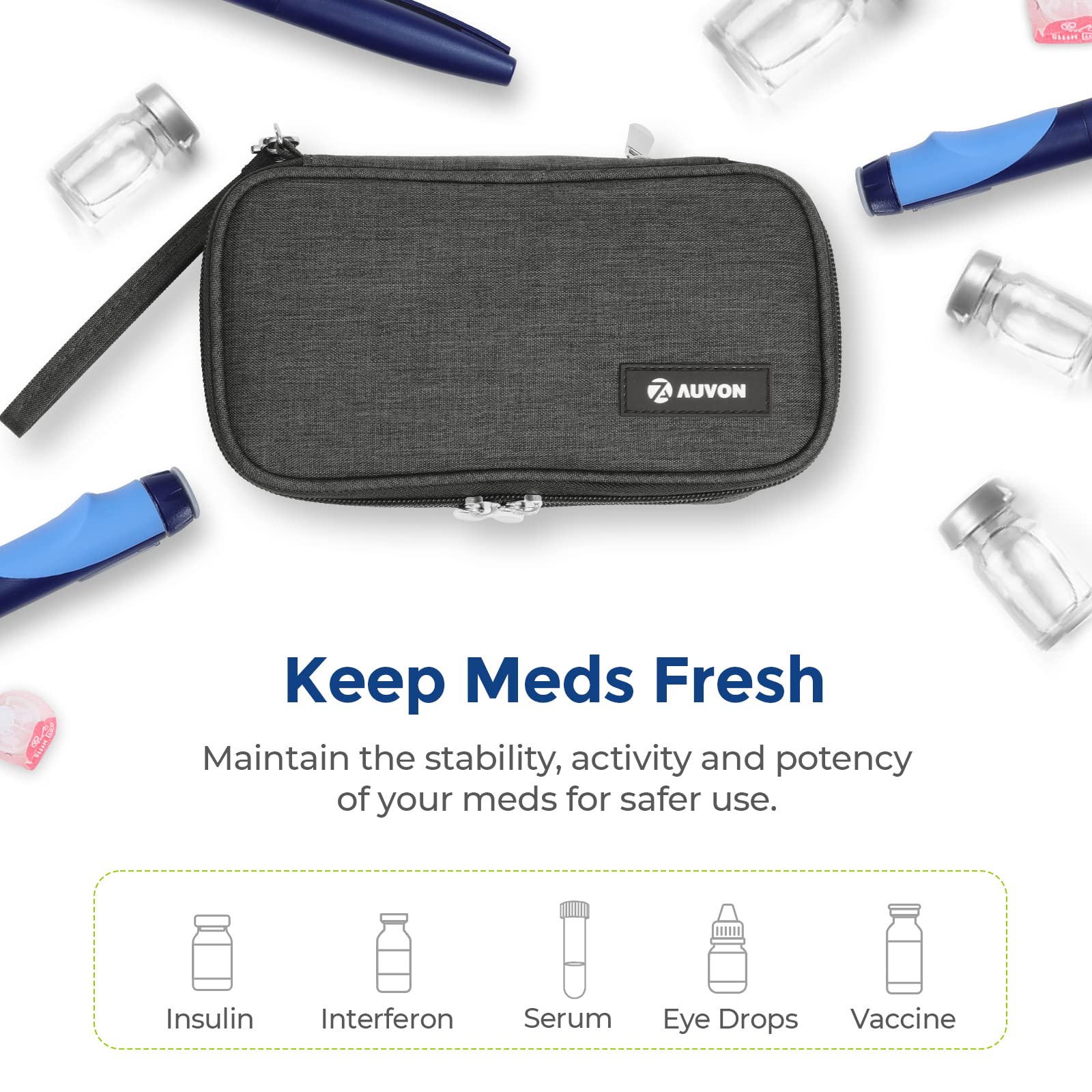 AUVON Insulin Cooler Travel Case, Expandable Insulated Diabetic Bag with 2 * 180g Ice Packs for Double Cooling Time, Portable Medication Cooler Bag for Insulin Pens and Blood Glucose Monitor Supplies